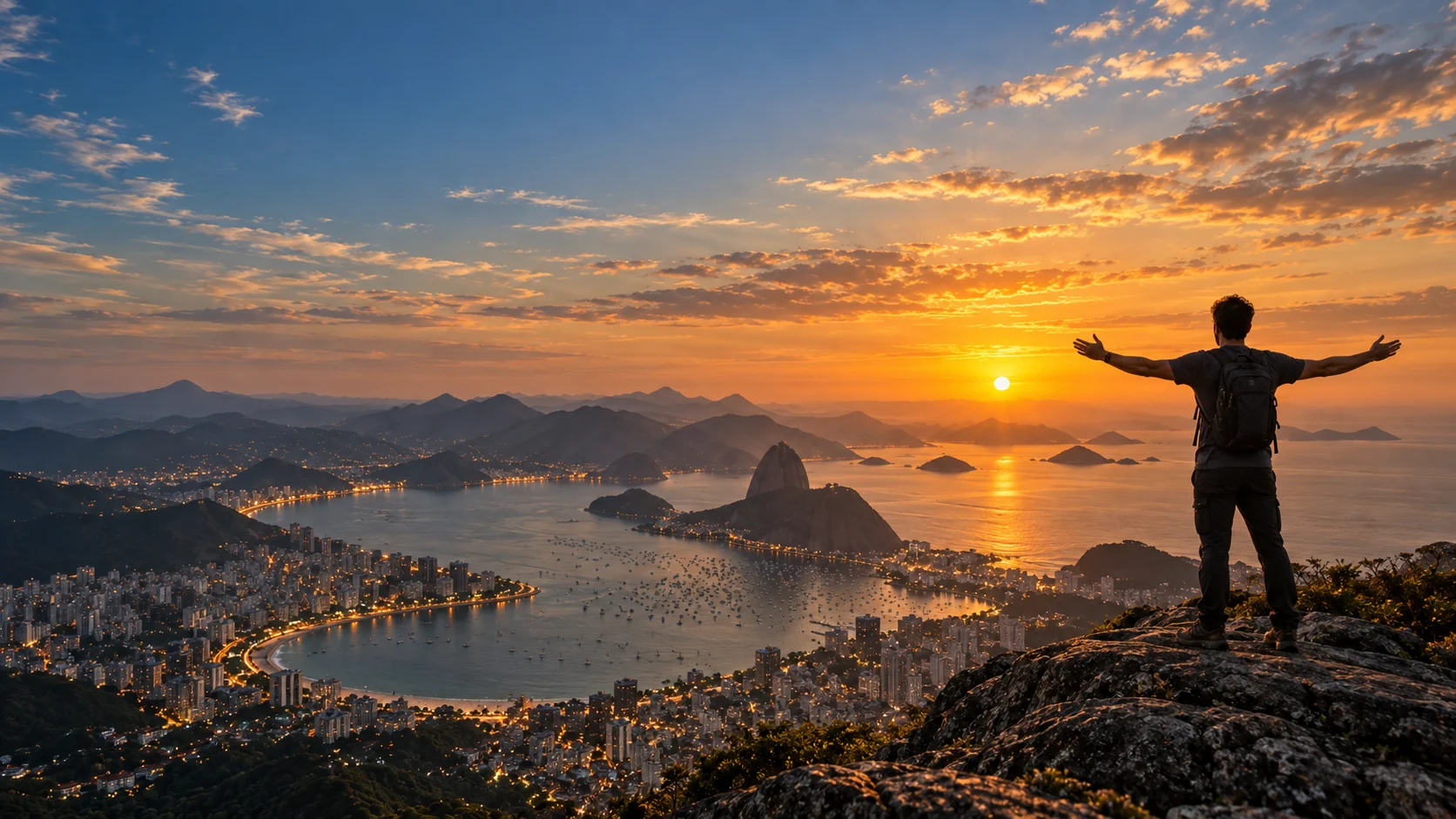 Cena ilustrativa de um viajante com mochila diante de um horizonte de montanhas e mar.