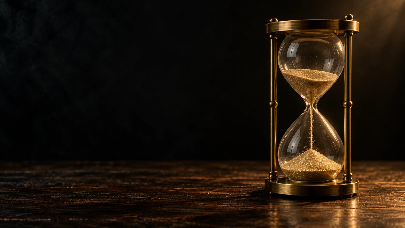 Ampulheta dourada como símbolo de reflexão, sem contagem regressiva.