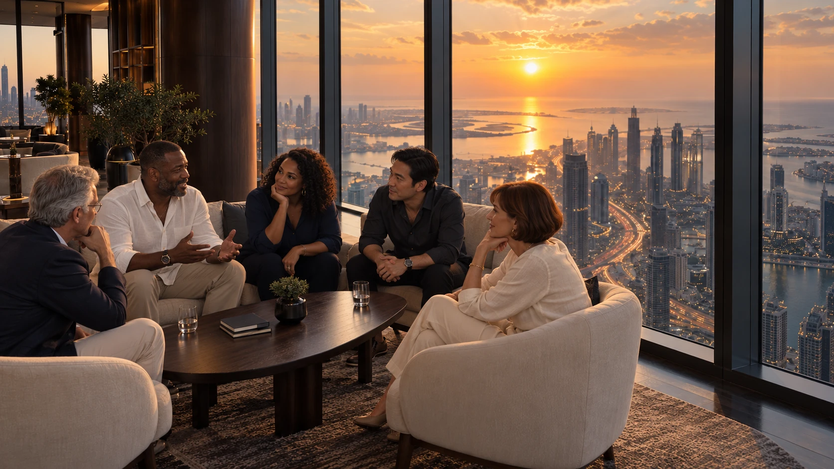Cena ilustrativa de uma conversa em grupo em um lounge panorâmico ao pôr do sol.