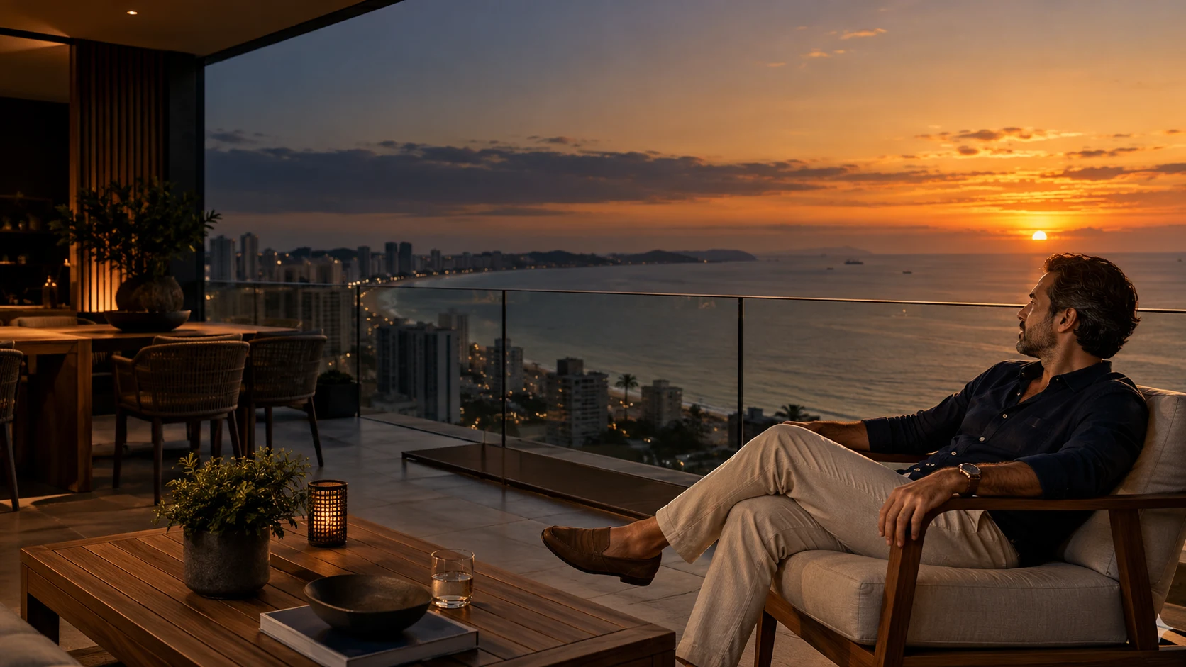 Cena ilustrativa de um homem descansando em uma varanda confortável, com vista para o mar ao pôr do sol.