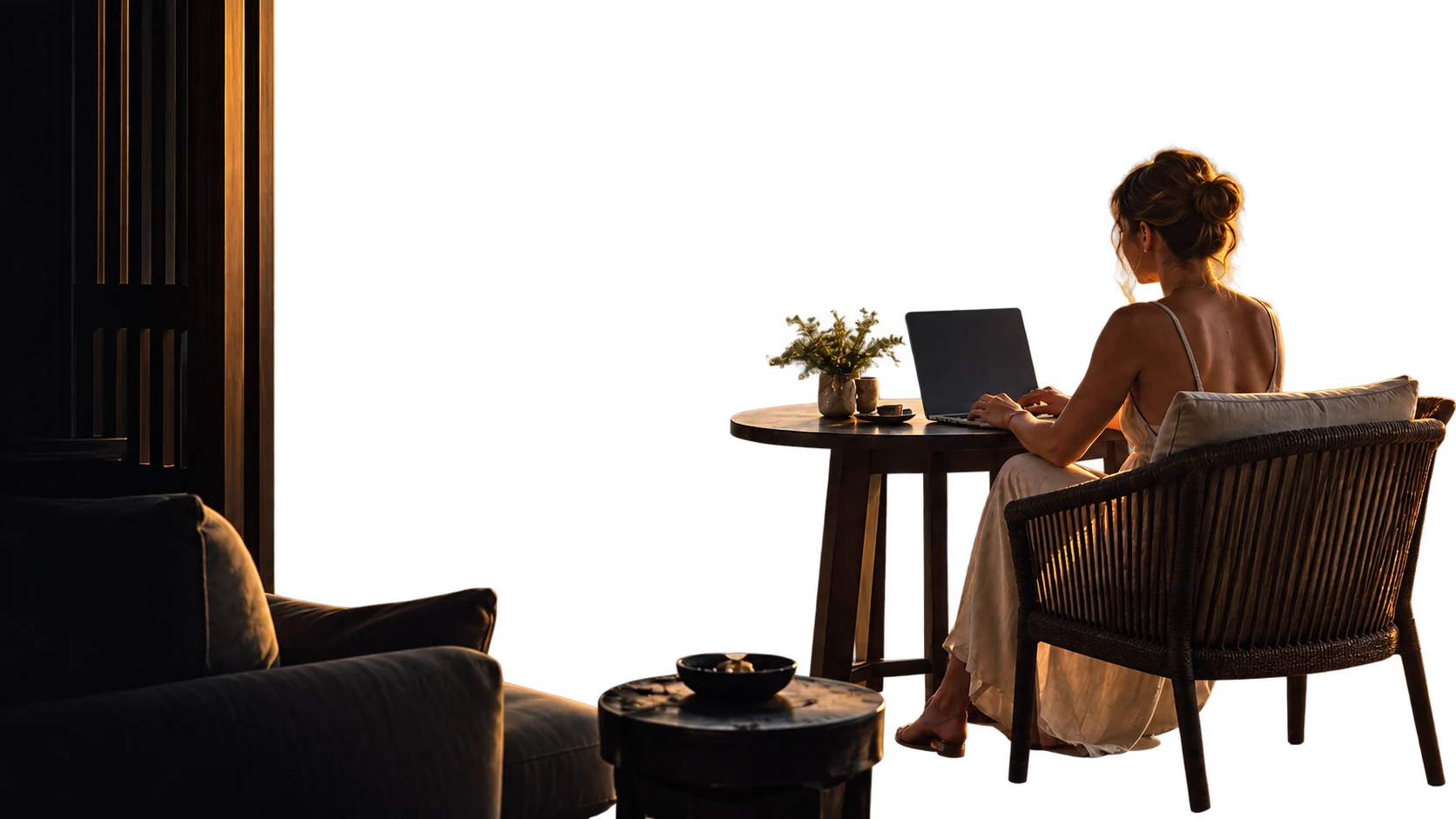Cena ilustrativa de uma mulher trabalhando com notebook em uma varanda ao pôr do sol.